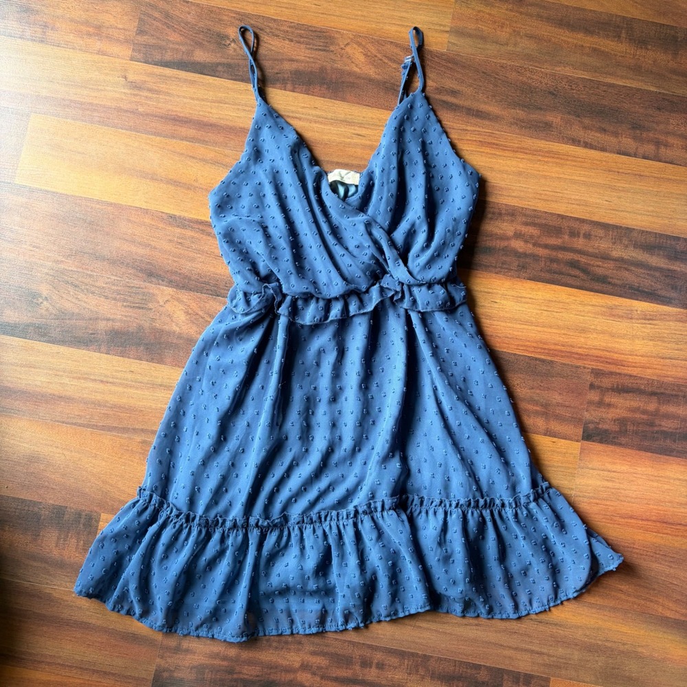 Altard State Swiss Dot Ruffle Mini Dress Blue Surplice V-Neck Medium